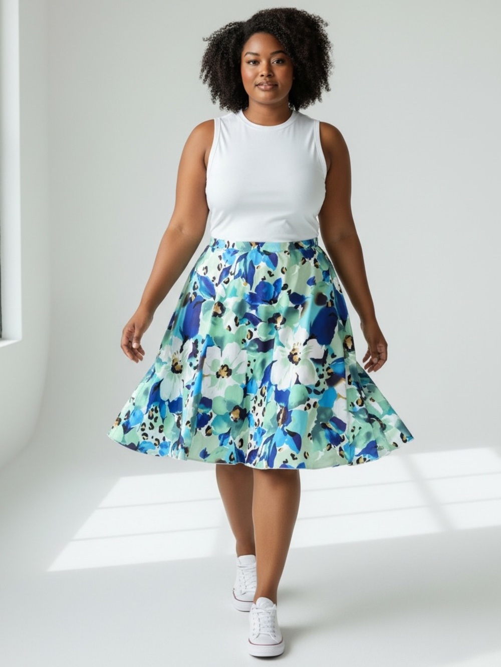 Floral A-Line Midi Skirt in Blue and Teal size 20W